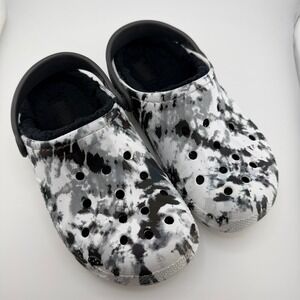 Crocs Lined Clogs Kids Junior Size 2 Black White Tie Dye Marble Fleece Shoes